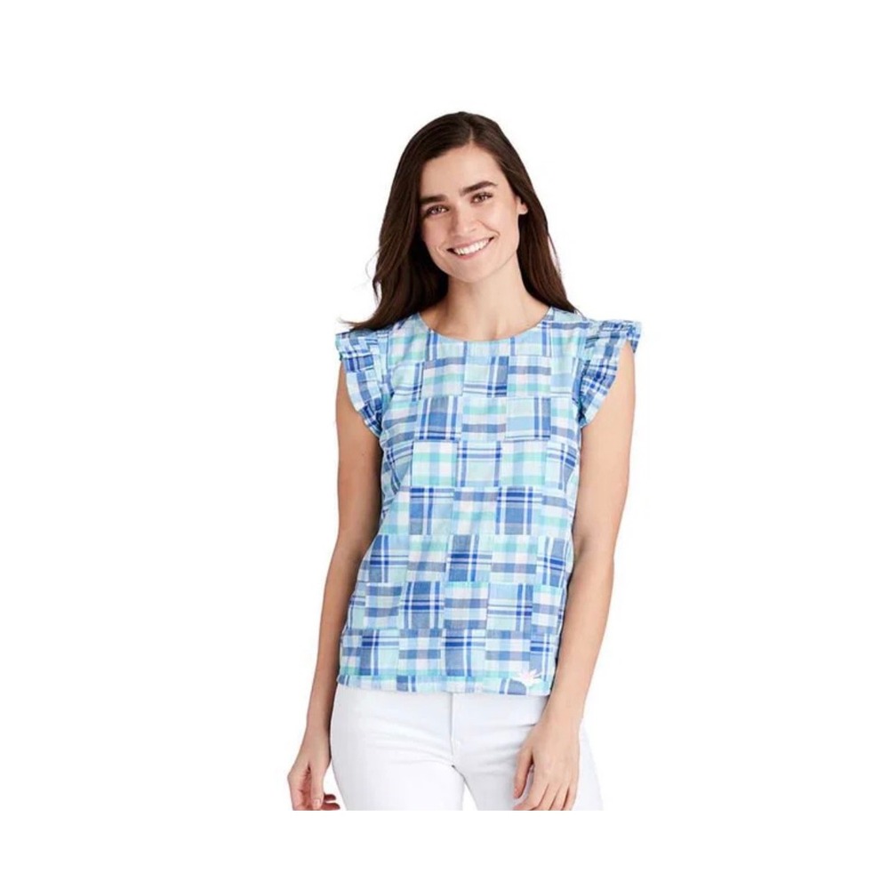Vineyard Vines patchwork plaid ruffle blouse in b… - image 10